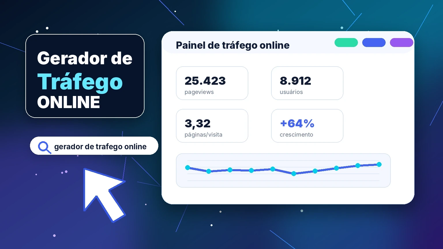 Ilustração de painel com gerador de tráfego online e métricas de visitas para site